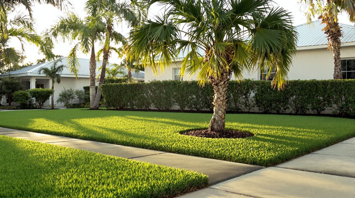Front lawn with palms at golden hour