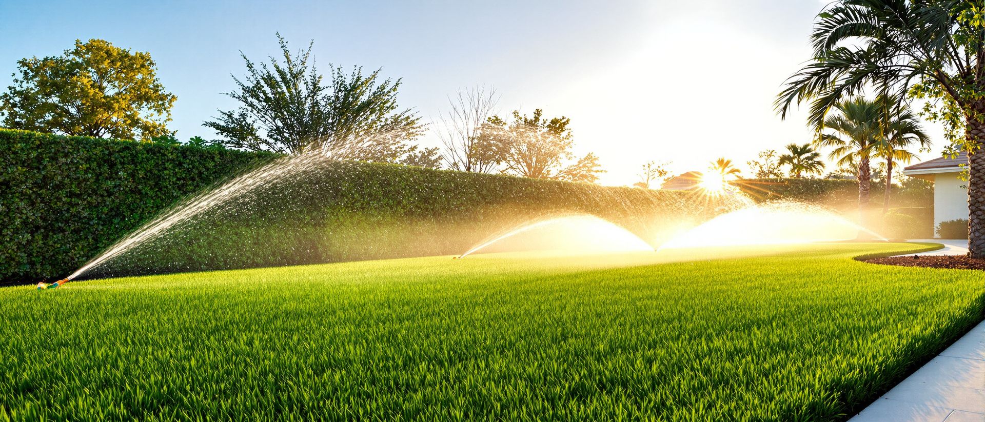 Irrigation running across a lawn at sunrise