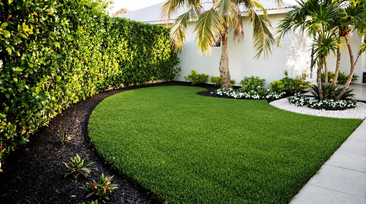 Uniform green lawn bordered by hedges and palms