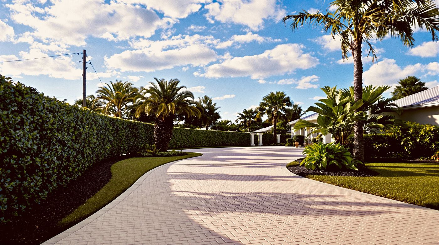 Paver driveway curving past hedges and palms