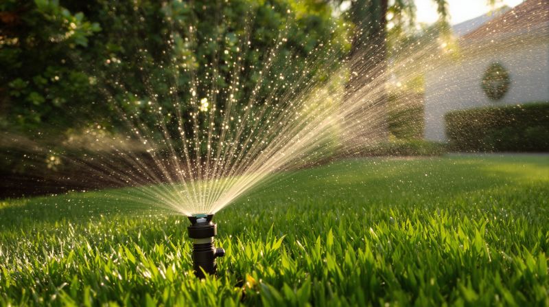 Pop-up sprinkler head watering a green lawn