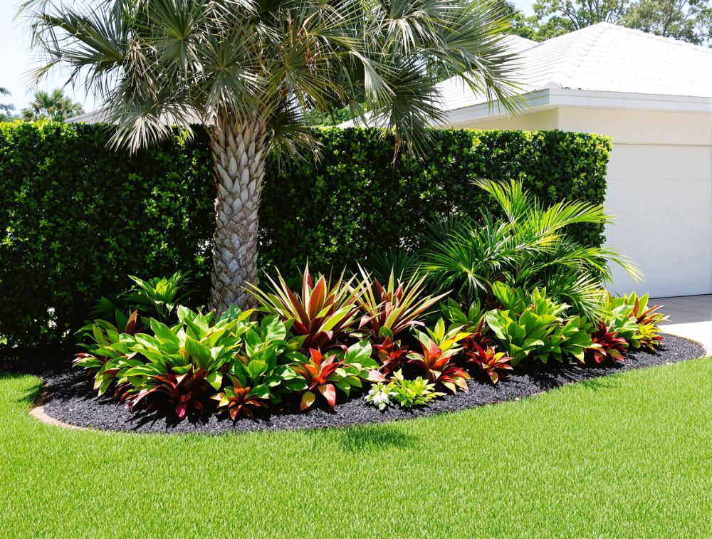 Tropical planting bed with palm and layered foliage